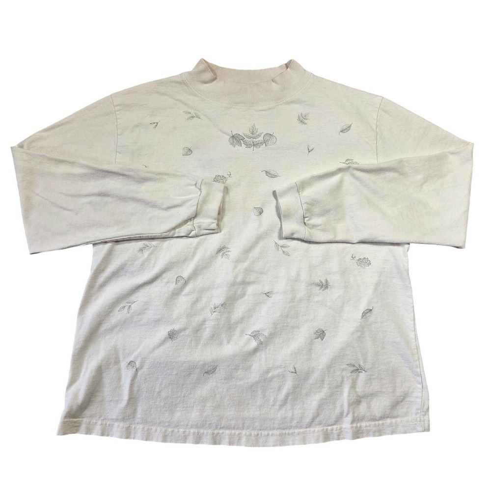 Vintage Artisans Womens Cream Leaf Print Mock Neck Long Sleeve Cotton T-Shirt L